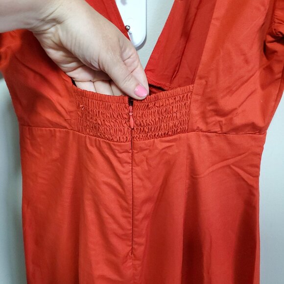 ABERCROMBIE & FITCH NWT Puff Sleeve Slim Poplin Midi Dress V-Neck Red Women's XS - Picture 7 of 16